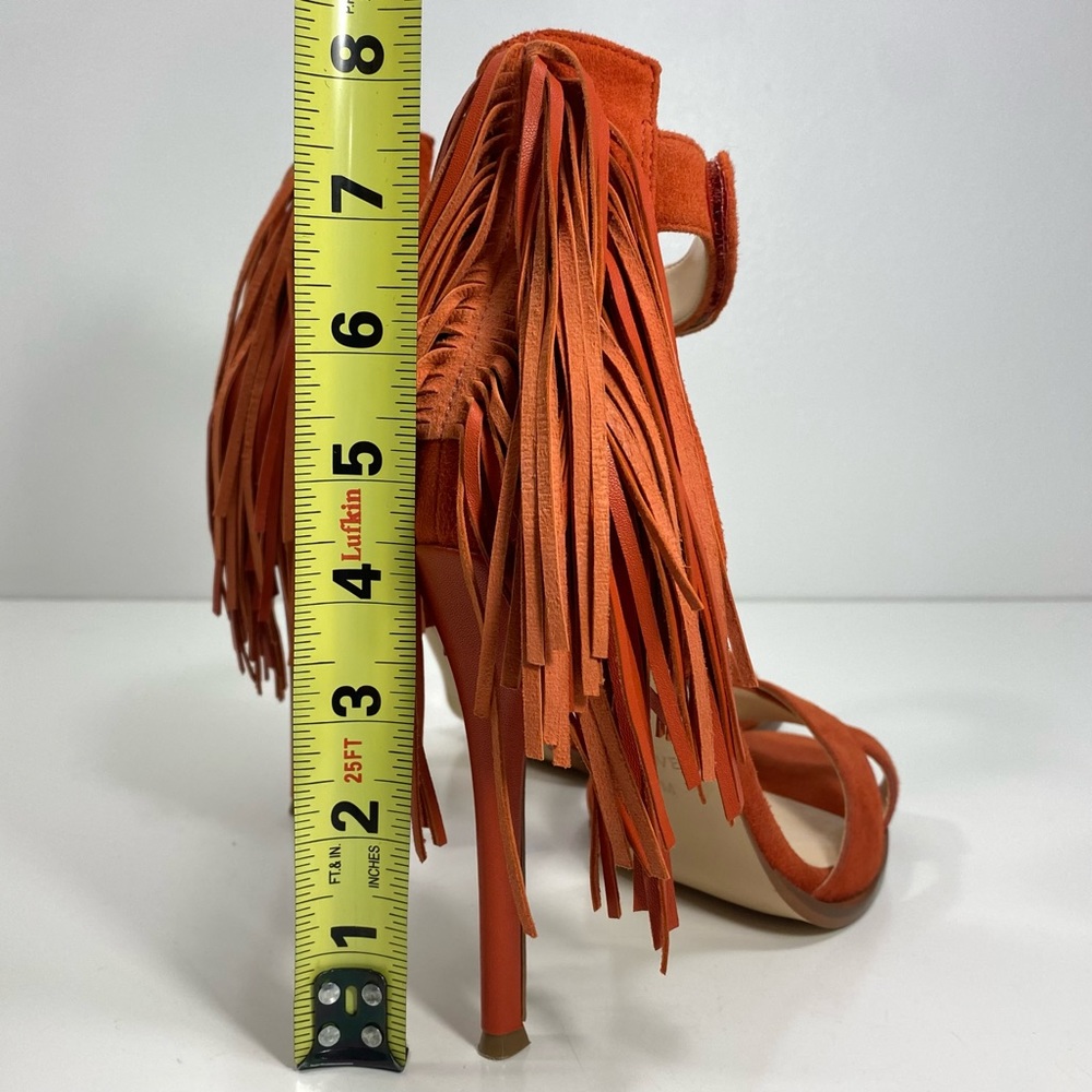 Nine West Hustle Orange Suede Leather Fringe Strappy Stilettos Heels Sandals 7 - Picture 9 of 12